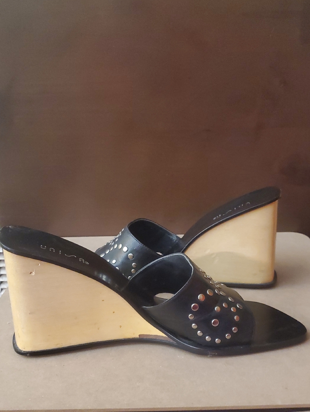 Leather, Studded, Wedge,  Open-Toe Slide-On Shoes